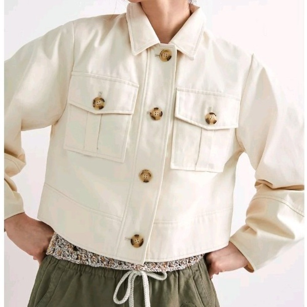 Anthropologie Avec Les Filles Cropped Puff-Sleeve Jacket Beige Size S EUC